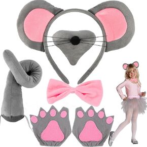 6Pcs Grey Mouse Costume Set Fuzzy Mouse Ears Headband Nose Pink Bowtie Tail Gloves Kit Cosplay Party Dress Up Book Character Accessories Animal Costumes