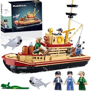 City Fishing Boat Building Kit with 3 Fisherman Minifigures, Ship Building Sets with Fishing Rods & Buckets, Christmas Birthday Gifts Toys for Kids Aged 6-12, Compatible with Lego Boat, 610 PCS