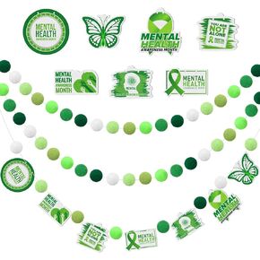 3 Pcs Mental Health Awareness Banners Hanging Green Pompom Ball Butterfly Ribbon You Are Not Alone Banner Gifts for May Mental Health