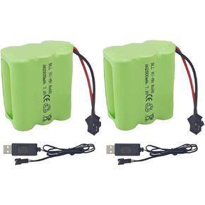 sea jump 2PCS AA 7.2V 2800mah RC Battery Pack with SM-2P Plug and USB Charging Cable Suitable for Toy Tank Engineering, Flat Semi-Trailer Trucks, Remote Control Cars, Ni-MH High Capacity Batteries