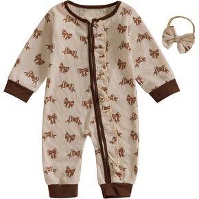 SAYOO Newborn Baby Girl Football Jumpsuit Football Rugby Bow Print Zipper Fall Romper Infant One Piece Bodysuit Coveralls