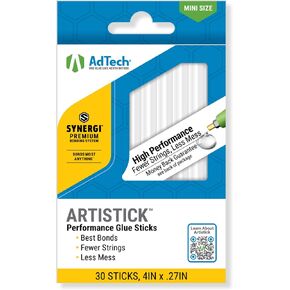 AdTech Mini Artistick 4" High Performance Stringless Hot Glue Sticks - 30 Sticks, Hi-Temp, Strong Bonding for Crafts, Repairs, and DIY Projects