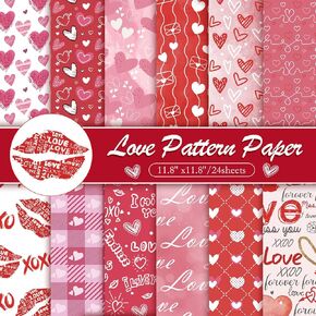 Konsait 24 Sheets Valentines Scrapbook Paper 12x12 Valentine Decorative Paper Double Sided Scrapbook Paper Valentine Craft Paper for Wedding Anniversaries Heart Love Scrapbooking Supplies