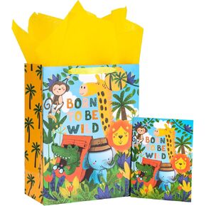 Loveinside Dinosaur Birthday Gift Bag for Kids, Medium Bag with Tissue Paper, Greeting Card and Tag, Blue Birthday Dinosaur Design for Boys' Birthday Party and More, 10" x 5" x 13", 1 Pcs