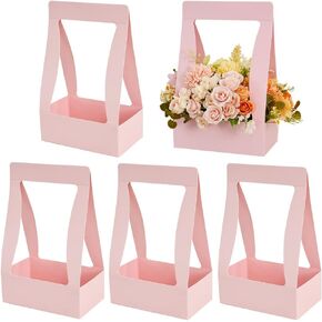 BEISHIDA 5 PCS Pink Flower Bouquet Boxes Craft Paper Gift Bags with Handle for Bouquet Packaging Floral Wrap Florist Supplies Basket Graduation Wedding Valentine Gift Crafts(8 x 4.7 x 12.6 in)