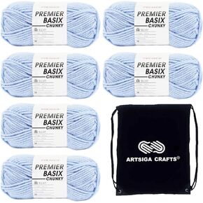 Premier Yarns Basix Chunky Country Blue 1145-25 (6-Skeins - Same Dye Lot) Chunky Bulky #5 Acrylic Yarn for Crocheting and Knitting with Project Bag