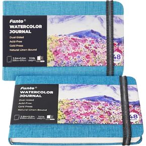 Funto Watercolor Journal, 3.5x5.5, 2 Pack, 48 Pages Each, Cold-Pressed with Inner Pocket, 110lb/230gsm, Suitable for Techniques and Mixed Media