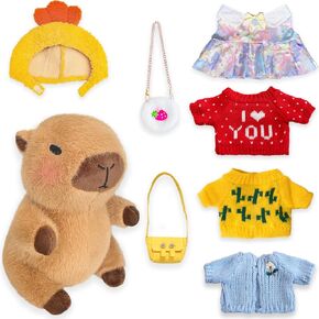 Capybara Plush Toy with 7 Pcs Clothes & Accessories, Cute Capybara Stuffed Animal with Outfits (Brown)