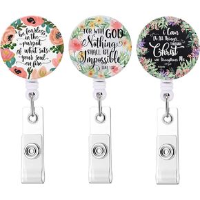 Badge Reel, Retractable ID Card Badge Holder with Alligator Clip, Name Nurse Decorative Badge Reel Clip on Card Holders (3 Packfor with God Nothing Shall Be Impossible)