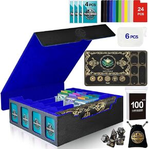 MTG Trading Card Storage Box with Playmat Fits 4000+ Cards, 4-Row Commander Deck Case, 4 Display Windows, 6 Movable Partitions, 24 Dividers, for Magic/TCG/YuGiOh/Sport (Black&Grey)