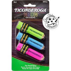Ticonderoga Pencil Shaped Erasers, Neon Colors, 3 Count