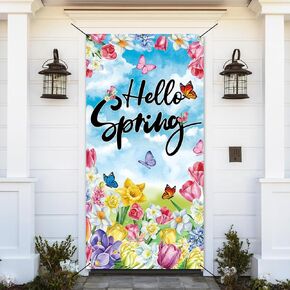 Hello Spring Door Cover Colorful Spring Flower Butterfly Door Banner Spring Floral Welcome Photography Background for Home Classroom Spring Party Indoor Outdoor Decor Backdrop (36x72 inch (3x6FT))