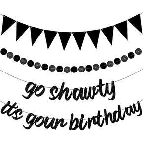 TaoBary 4 Pcs Go Shawty It's Your Birthday Banners Hip Hop Birthday Party Decorations Black Rap Theme Happy Birthday Sign for Man Women birthday Party Supply