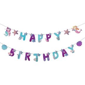 Happy Birthday Banner-Mermaid Happy Birthday Banner Mermaid Theme Party Decoration Supplies For Kids Girls Under the Sea Party