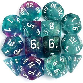 DND Dice 2 X 7Sets, 14Pieces Teal and Purple Swirl with White Numbers Polyhedral Dice for RPG MTG Table Game Dice