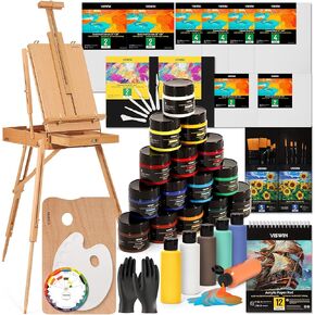VISWIN Acrylic Painting Set with French Easel, Deluxe Art Supplies with Acrylic Paints (15-100mML), Pouring Paints (12-60ML), Paint Brushes, Canvas, Painting Kit for Adult, Artist Art Set for Beginner