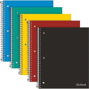 Oxford 1 Subject Spiral Notebook, Notebook for School, Plastic Covers, Back to School Supplies, College Ruled, 100 Sheets, 5 Pack, Assorted Primary Colors: Black, Blue, Red, Green and Yellow (1009289)