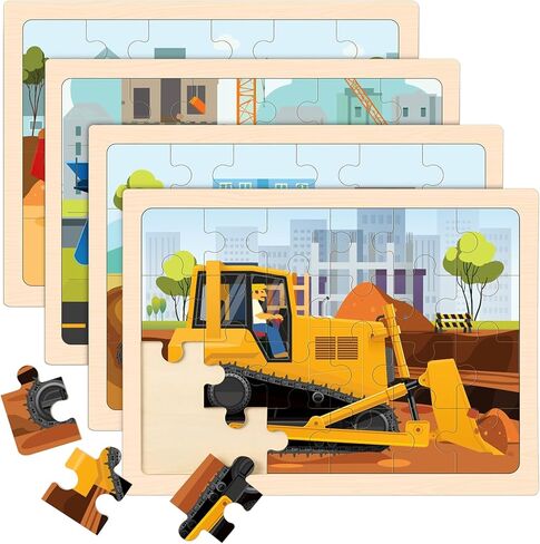Wooden Puzzles for Kids Ages 4-6, 4 Packs 24 PCS Construction Vehicle Jigsaw Puzzles for Kids Ages 3-5, Preschool Educational Puzzles Boards Toys Gifts for Boys Girls in Kuwait
