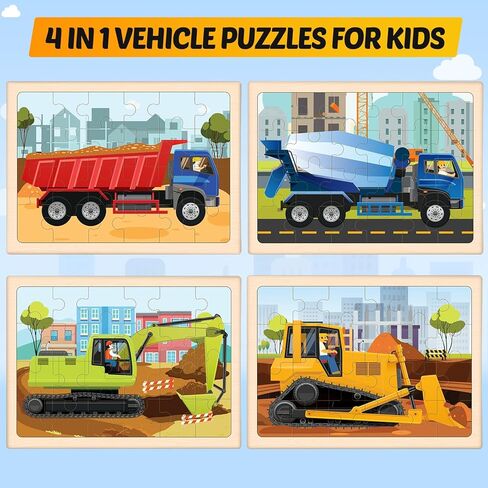 Wooden Puzzles for Kids Ages 4-6, 4 Packs 24 PCS Construction Vehicle Jigsaw Puzzles for Kids Ages 3-5, Preschool Educational Puzzles Boards Toys Gifts for Boys Girls in Kuwait
