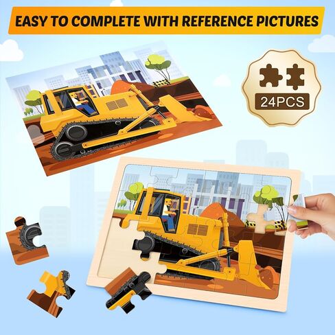 Wooden Puzzles for Kids Ages 4-6, 4 Packs 24 PCS Construction Vehicle Jigsaw Puzzles for Kids Ages 3-5, Preschool Educational Puzzles Boards Toys Gifts for Boys Girls in Kuwait