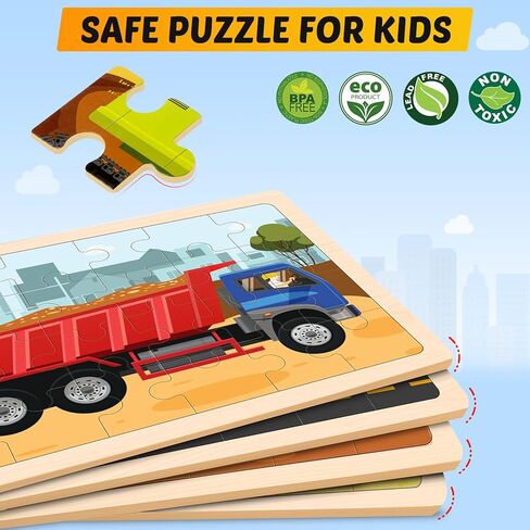 Wooden Puzzles for Kids Ages 4-6, 4 Packs 24 PCS Construction Vehicle Jigsaw Puzzles for Kids Ages 3-5, Preschool Educational Puzzles Boards Toys Gifts for Boys Girls in Kuwait