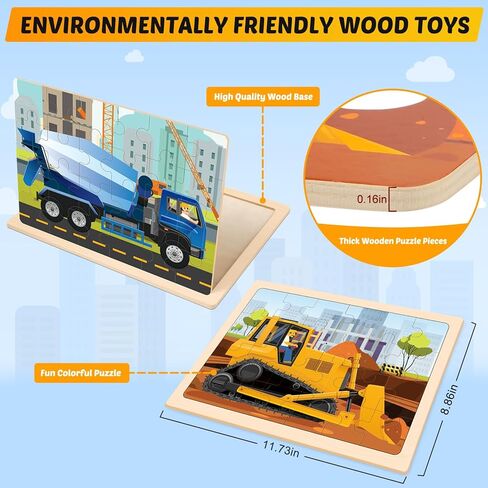 Wooden Puzzles for Kids Ages 4-6, 4 Packs 24 PCS Construction Vehicle Jigsaw Puzzles for Kids Ages 3-5, Preschool Educational Puzzles Boards Toys Gifts for Boys Girls in Kuwait
