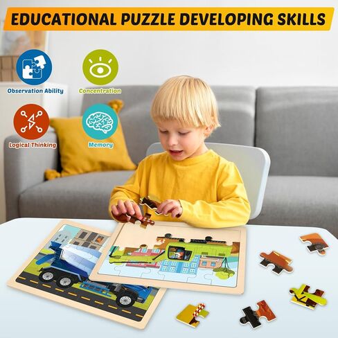 Wooden Puzzles for Kids Ages 4-6, 4 Packs 24 PCS Construction Vehicle Jigsaw Puzzles for Kids Ages 3-5, Preschool Educational Puzzles Boards Toys Gifts for Boys Girls in Kuwait