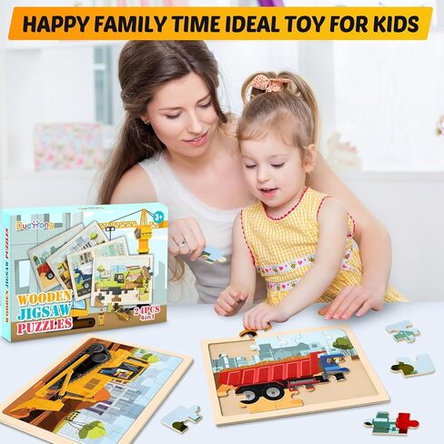 Wooden Puzzles for Kids Ages 4-6, 4 Packs 24 PCS Construction Vehicle Jigsaw Puzzles for Kids Ages 3-5, Preschool Educational Puzzles Boards Toys Gifts for Boys Girls in Kuwait