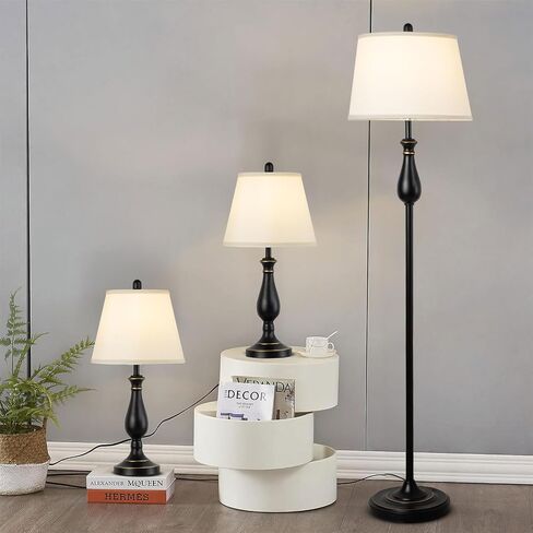 Depuley Table and Floor Lamp Set من 3 ، 3 حزمة مصباح مجموعة مع شهدة بيضاء بيضاء ، مجموعات ضوء المزرعة ، مصابيح الطاولة الحديثة ومصباح الأرضية لغرفة المعيش in Saudi Arabia