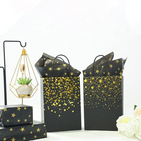 أكياس هدايا شارليتي الصغيرة السوداء الذهب 24pcs حقائب ورق الحفلات مع ورقة أنسجة النجوم للهالوين £ ¬new سنة ، عيد ميلاد ، زفاف ، زفاف ، دش الطفل ، لوازم الحفلات السوداء والذهبية (8.3 × 5.9 × 3.1 بوصة) in Kuwait