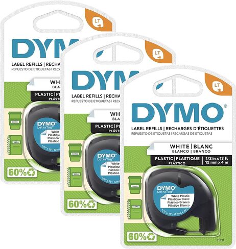 DYMO LT Plastic Labels for LetraTag Label Makers, Black Print on White Labels, 1/2" x 13-Foot Rolls, 3 Count in Kuwait