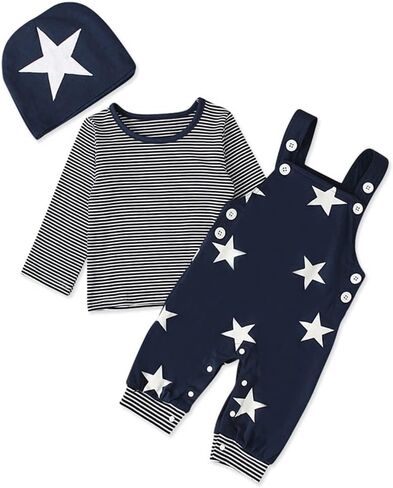 Newborn Baby Boy Clothes Set 0-3 Months Autumn Winter Blue Pants Set Outfit Infant Bodysuit 3pcs Stripes T-shirt Top + Bear Pattern Dungarees + Hat in Saudi Arabia