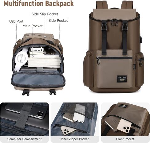 Travel Laptop Backpack for Women Men, Carry On Backpack with USB Charging Port, Casual Daypack for School Weekender Bag, College Computer Bag, Water Resistant Large Capacity 15.6'' (Brown) in Saudi Arabia