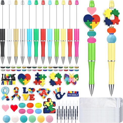 Liplustoyi 12 Pieces Beadable Pens Bulk with Colorful Silicone Beads for DIY Pen Making Kit Smooth Writing Beaded Pen for Women Kids Students Office School(Autism) in Saudi Arabia