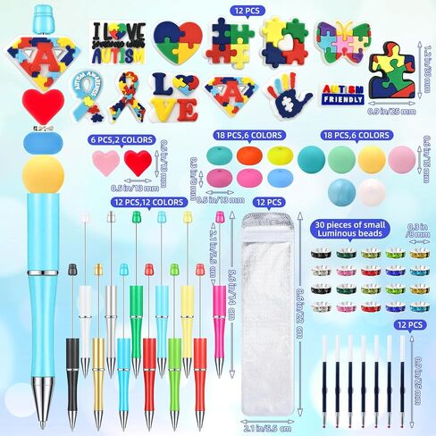Liplustoyi 12 Pieces Beadable Pens Bulk with Colorful Silicone Beads for DIY Pen Making Kit Smooth Writing Beaded Pen for Women Kids Students Office School(Autism) in Saudi Arabia