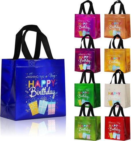 cabzymx 9 Pcs Multicolor Small Birthday Gift Bags Set with 9 Colors, Funny Gift Design Reusable Birthday Presents Bags Bulk with Bases, 8 x 3.9 x 8 In Party Goodie Bag for Baby, Girls, Boys in Saudi Arabia