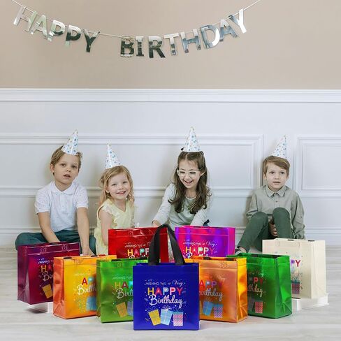 cabzymx 9 Pcs Multicolor Small Birthday Gift Bags Set with 9 Colors, Funny Gift Design Reusable Birthday Presents Bags Bulk with Bases, 8 x 3.9 x 8 In Party Goodie Bag for Baby, Girls, Boys in Saudi Arabia