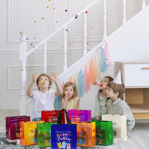 cabzymx 9 Pcs Multicolor Small Birthday Gift Bags Set with 9 Colors, Funny Gift Design Reusable Birthday Presents Bags Bulk with Bases, 8 x 3.9 x 8 In Party Goodie Bag for Baby, Girls, Boys in Saudi Arabia