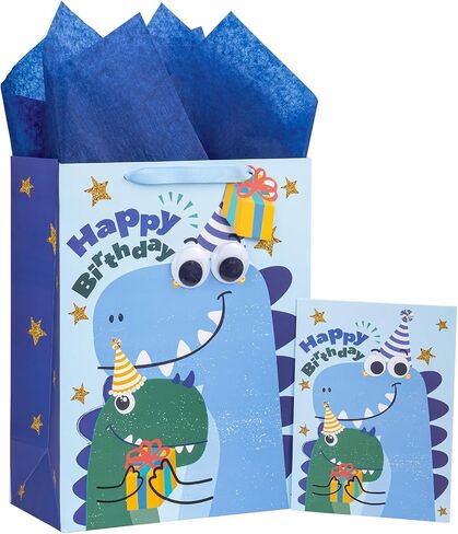 Loveinside Dinosaur Birthday Gift Bag for Kids, Medium Bag with Tissue Paper, Greeting Card and Tag, Blue Birthday Dinosaur Design for Boys' Birthday Party and More, 10" x 5" x 13", 1 Pcs in Saudi Arabia