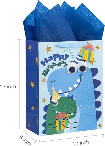 Loveinside Dinosaur Birthday Gift Bag for Kids, Medium Bag with Tissue Paper, Greeting Card and Tag, Blue Birthday Dinosaur Design for Boys' Birthday Party and More, 10" x 5" x 13", 1 Pcs in Saudi Arabia