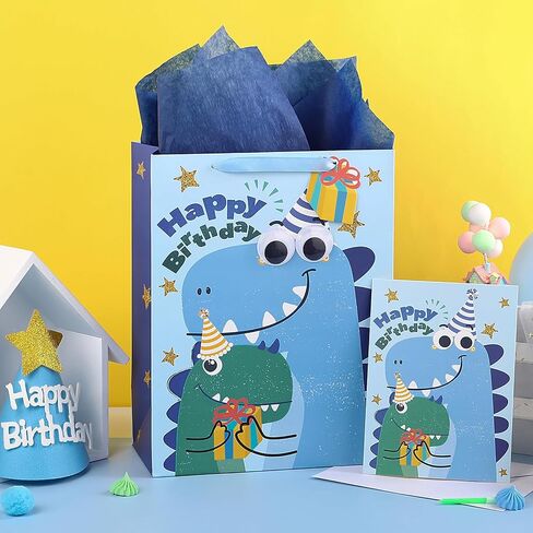 Loveinside Dinosaur Birthday Gift Bag for Kids, Medium Bag with Tissue Paper, Greeting Card and Tag, Blue Birthday Dinosaur Design for Boys' Birthday Party and More, 10" x 5" x 13", 1 Pcs in Saudi Arabia