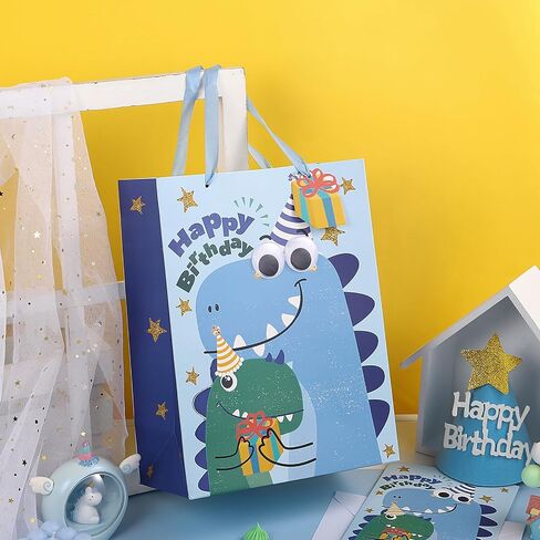Loveinside Dinosaur Birthday Gift Bag for Kids, Medium Bag with Tissue Paper, Greeting Card and Tag, Blue Birthday Dinosaur Design for Boys' Birthday Party and More, 10" x 5" x 13", 1 Pcs in Saudi Arabia