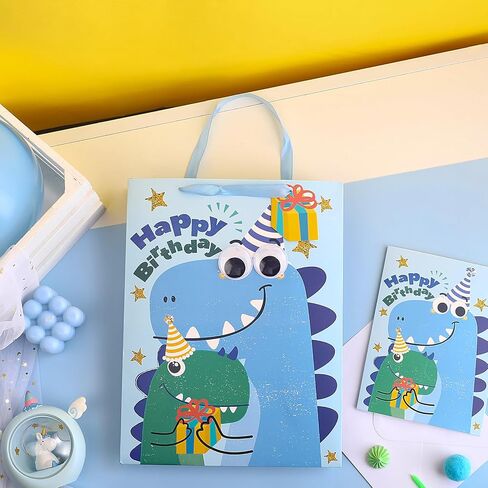 Loveinside Dinosaur Birthday Gift Bag for Kids, Medium Bag with Tissue Paper, Greeting Card and Tag, Blue Birthday Dinosaur Design for Boys' Birthday Party and More, 10" x 5" x 13", 1 Pcs in Saudi Arabia