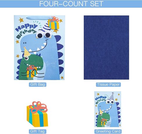 Loveinside Dinosaur Birthday Gift Bag for Kids, Medium Bag with Tissue Paper, Greeting Card and Tag, Blue Birthday Dinosaur Design for Boys' Birthday Party and More, 10" x 5" x 13", 1 Pcs in Saudi Arabia