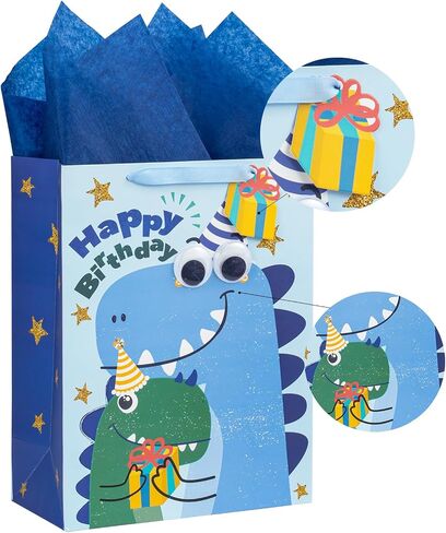 Loveinside Dinosaur Birthday Gift Bag for Kids, Medium Bag with Tissue Paper, Greeting Card and Tag, Blue Birthday Dinosaur Design for Boys' Birthday Party and More, 10" x 5" x 13", 1 Pcs in Saudi Arabia