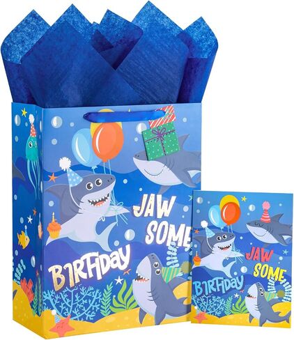 Loveinside Dinosaur Birthday Gift Bag for Kids, Medium Bag with Tissue Paper, Greeting Card and Tag, Blue Birthday Dinosaur Design for Boys' Birthday Party and More, 10" x 5" x 13", 1 Pcs in Saudi Arabia