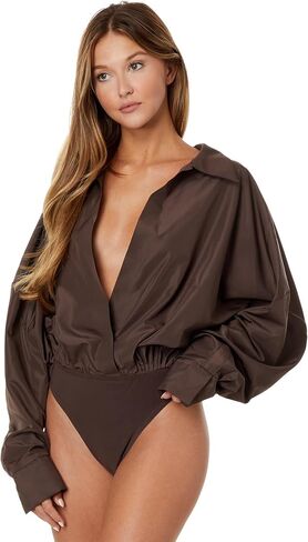 NORMA KAMALI Women's Super Oversized Boyfriend NK Shirt Bodysuit, Black in Saudi Arabia
