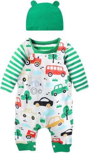 Baby Boys First Birthday Outfits 9-12 Months Spring Fall Winter Pants Clothes 3pcs Set Stripes Long Sleeve + Green camouflage Overalls + Hat in Saudi Arabia