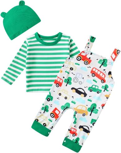 Baby Boys First Birthday Outfits 9-12 Months Spring Fall Winter Pants Clothes 3pcs Set Stripes Long Sleeve + Green camouflage Overalls + Hat in Saudi Arabia