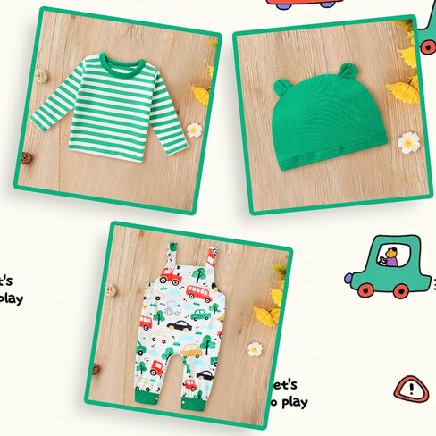 Baby Boys First Birthday Outfits 9-12 Months Spring Fall Winter Pants Clothes 3pcs Set Stripes Long Sleeve + Green camouflage Overalls + Hat in Saudi Arabia